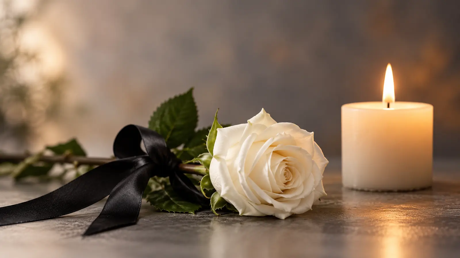 Weiße Rose und Kerze zur Trauerfeier